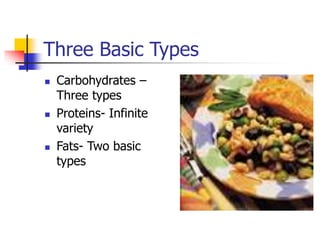 Three Basic Types
 Carbohydrates –
Three types
 Proteins- Infinite
variety
 Fats- Two basic
types
 