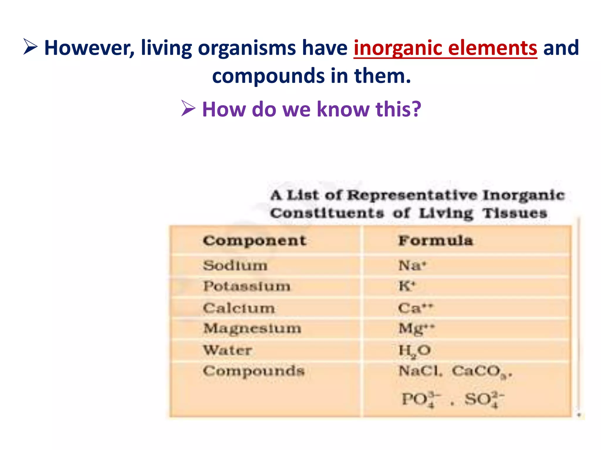  However, living organisms have inorganic elements and
compounds in them.
 How do we know this?
 