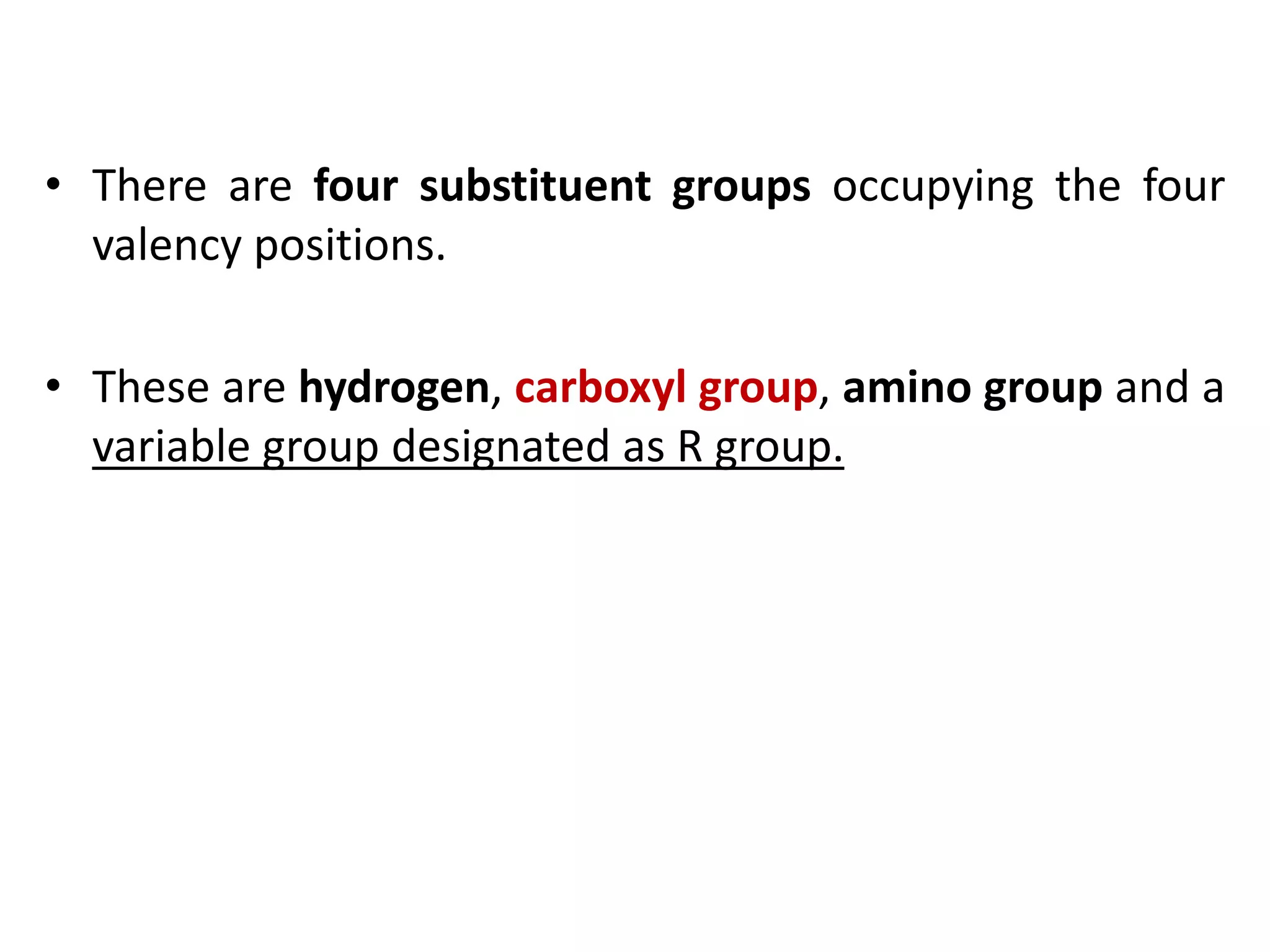 • There are four substituent groups occupying the four
valency positions.
• These are hydrogen, carboxyl group, amino group and a
variable group designated as R group.
 