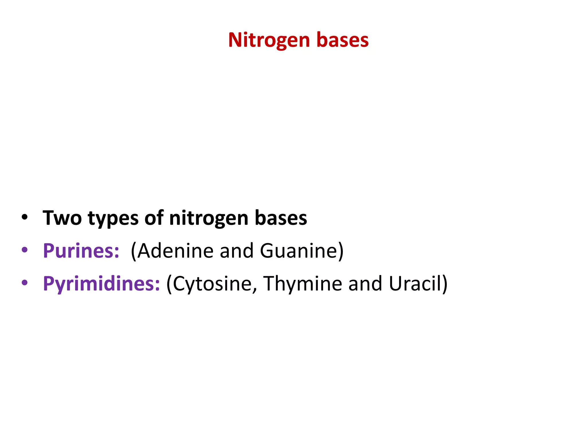 Nitrogen bases
• Two types of nitrogen bases
• Purines: (Adenine and Guanine)
• Pyrimidines: (Cytosine, Thymine and Uracil)
 