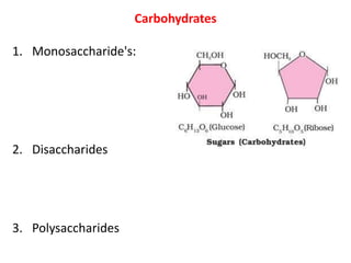 Carbohydrates
1. Monosaccharide's:
2. Disaccharides
3. Polysaccharides
 