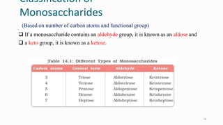 Classification of
Monosaccharides
(Based on number of carbon atoms and functional group)
 If a monosaccharide contains an aldehyde group, it is known as an aldose and
 a keto group, it is known as a ketose.
14
 