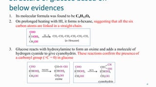 Structure of glucose based on
below evidences
18
1. Its molecular formula was found to be C6H12O6
2. On prolonged heating with HI, it forms n-hexane, suggesting that all the six
carbon atoms are linked in a straight chain.
3. Glucose reacts with hydroxylamine to form an oxime and adds a molecule of
hydrogen cyanide to give cyanohydrin. These reactions confirm the presenceof
a carbonyl group (>C = 0) in glucose
oxime
cyanohydrin
 