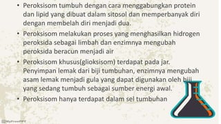 • Peroksisom tumbuh dengan cara menggabungkan protein
dan lipid yang dibuat dalam sitosol dan memperbanyak diri
dengan membelah diri menjadi dua.
• Peroksisom melakukan proses yang menghasilkan hidrogen
peroksida sebagai limbah dan enzimnya mengubah
peroksida beracun menjadi air
• Peroksisom khusus(glioksisom) terdapat pada jar.
Penyimpan lemak dari biji tumbuhan, enzimnya mengubah
asam lemak menjadi gula yang dapat digunakan oleh biji
yang sedang tumbuh sebagai sumber energi awal.
• Peroksisom hanya terdapat dalam sel tumbuhan
 