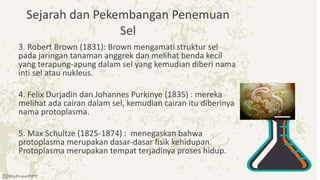 Sejarah dan Pekembangan Penemuan
Sel
3. Robert Brown (1831): Brown mengamati struktur sel
pada jaringan tanaman anggrek dan melihat benda kecil
yang terapung-apung dalam sel yang kemudian diberi nama
inti sel atau nukleus.
4. Felix Durjadin dan Johannes Purkinye (1835) : mereka
melihat ada cairan dalam sel, kemudian cairan itu diberinya
nama protoplasma.
5. Max Schultze (1825-1874) : menegaskan bahwa
protoplasma merupakan dasar-dasar fisik kehidupan.
Protoplasma merupakan tempat terjadinya proses hidup.
 