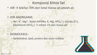 Komposisi Kimia Sel
• AIR → Sekitar 70% dari total massa sel adalah air.
• ION ANORGANIK:
– Na+, K+, Mg2+, fosfat (HPONa, K, Mg, HPO4
2-), klorida (Cl-),
bikarbonat (HCO3
-) → sekitar 1% dari massa sel
• BIOMOLEKUL:
– Karbohidrat, lipid, protein dan asam nukleat
 