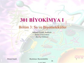 Biyokimya: Biyomoleküller
26
1
301 BİYOKİMYA I
Hikmet Geçkil, Profesör
İnönü Üniversitesi
Biyoloji Bölümü
Bölüm 3: Su ve Biyomoleküller
Hikmet Geçkil
 