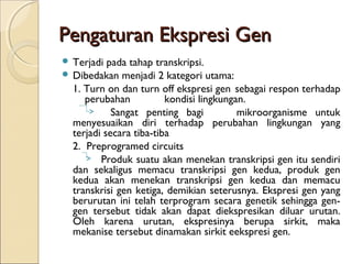 Pengaturan Ekspresi GenPengaturan Ekspresi Gen
 Terjadi pada tahap transkripsi.
 Dibedakan menjadi 2 kategori utama:
1. Turn on dan turn off ekspresi gen sebagai respon terhadap
perubahan kondisi lingkungan.
Sangat penting bagi mikroorganisme untuk
menyesuaikan diri terhadap perubahan lingkungan yang
terjadi secara tiba-tiba
2. Preprogramed circuits
Produk suatu akan menekan transkripsi gen itu sendiri
dan sekaligus memacu transkripsi gen kedua, produk gen
kedua akan menekan transkripsi gen kedua dan memacu
transkrisi gen ketiga, demikian seterusnya. Ekspresi gen yang
berurutan ini telah terprogram secara genetik sehingga gen-
gen tersebut tidak akan dapat diekspresikan diluar urutan.
Oleh karena urutan, ekspresinya berupa sirkit, maka
mekanise tersebut dinamakan sirkit eekspresi gen.
 