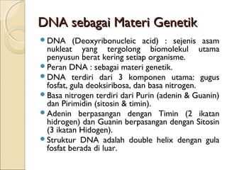 DNA sebagai Materi GenetikDNA sebagai Materi Genetik
DNA (Deoxyribonucleic acid) : sejenis asam
nukleat yang tergolong biomolekul utama
penyusun berat kering setiap organisme.
Peran DNA : sebagai materi genetik.
DNA terdiri dari 3 komponen utama: gugus
fosfat, gula deoksiribosa, dan basa nitrogen.
Basa nitrogen terdiri dari Purin (adenin & Guanin)
dan Pirimidin (sitosin & timin).
Adenin berpasangan dengan Timin (2 ikatan
hidrogen) dan Guanin berpasangan dengan Sitosin
(3 ikatan Hidogen).
Struktur DNA adalah double helix dengan gula
fosfat berada di luar.
 