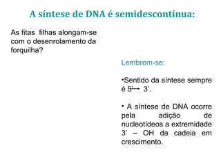 Lembrem-se:
•Sentido da síntese sempre
é 5’ 3’.
• A síntese de DNA ocorre
pela adição de
nucleotídeos a extremidade
3’ – OH da cadeia em
crescimento.
As fitas filhas alongam-se
com o desenrolamento da
forquilha?
A síntese de DNA é semidescontínua:
 