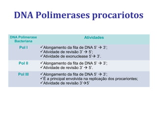 DNA Polimerases procariotos
DNA Polimerase
Bacteriana
Atividades
Pol I Alongamento da fita de DNA 5’  3’;
Atividade de revisão 3’  5’;
Atividade de exonuclease 5’ 3’.
Pol II Alongamento da fita de DNA 5’  3’;
Atividade de revisão 3’  5’.
Pol III Alongamento da fita de DNA 5’  3’;
É a principal envolvida na replicação dos procariontes;
Atividade de revisão 3’5’
 