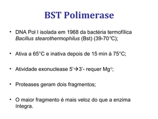 BST Polimerase
• DNA Pol I isolada em 1968 da bactéria termofílica
Bacillus stearothermophilus (Bst) (39-70°C);
• Ativa a 65°C e inativa depois de 15 min à 75°C;
• Atividade exonuclease 5’3’- requer Mg+2
;
• Proteases geram dois fragmentos;
• O maior fragmento é mais veloz do que a enzima
íntegra.
 