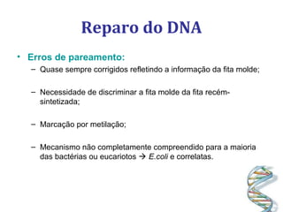 Reparo do DNA
• Erros de pareamento:
– Quase sempre corrigidos refletindo a informação da fita molde;
– Necessidade de discriminar a fita molde da fita recém-
sintetizada;
– Marcação por metilação;
– Mecanismo não completamente compreendido para a maioria
das bactérias ou eucariotos  E.coli e correlatas.
 