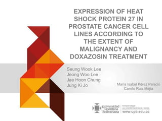 EXPRESSION OF HEAT
SHOCK PROTEIN 27 IN
PROSTATE CANCER CELL
LINES ACCORDING TO
THE EXTENT OF
MALIGNANCY AND
DOXAZOSIN TREATMENT
Seung Wook Lee
Jeong Woo Lee
Jae Hoon Chung
Jung Ki Jo María Isabel Pérez Palacio
Camilo Ruiz Mejía
 