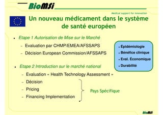 Un nouveau médicament dans le système
                de santé européen
Etape 1 Autorisation de Mise sur le Marché
 −   Evaluation par CHMP/EMEA/AFSSAPS                  Épidémiologie
 −   Décision European Commission/AFSSAPS              Bénéfice clinique
                                                       Eval. Économique

Etape 2 Introduction sur le marché national            Durabilité

 −   Evaluation « Health Technology Assessment »
 −   Décision
 −   Pricing                         Pays Spécifique
 −   Financing Implementation
 