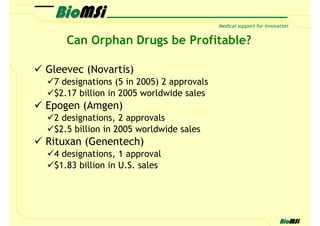 Can Orphan Drugs be Profitable?

Gleevec (Novartis)
 7 designations (5 in 2005) 2 approvals
 $2.17 billion in 2005 worldwide sales
Epogen (Amgen)
 2 designations, 2 approvals
 $2.5 billion in 2005 worldwide sales
Rituxan (Genentech)
 4 designations, 1 approval
 $1.83 billion in U.S. sales
 
