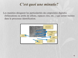 C’est quoi une minutie?
Les munities désignent les particularités des empreintes digitales
(bifurcations ou arrêts de sillons, espaces clos, etc...) qui seront traitées
dans le processus identification.
bifurcation
terminaison en
crête
point
delta
pore
Ile
lac
15
 