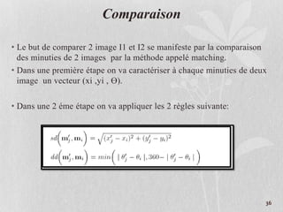 Comparaison
• Le but de comparer 2 image I1 et I2 se manifeste par la comparaison
des minuties de 2 images par la méthode appelé matching.
• Dans une première étape on va caractériser à chaque minuties de deux
image un vecteur (xi ,yi , Ө).
• Dans une 2 éme étape on va appliquer les 2 règles suivante:
36
 