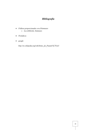 18
Bibliografía
 Folletos proporcionados en el biomuseo
o La exhibición, biomuseo
 Periódicos
 google
http://es.wikipedia.org/wiki/Istmo_de_Panam%C3%A1
 