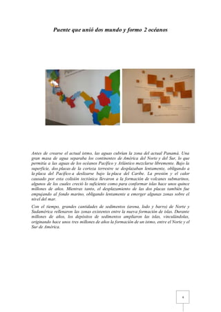 4
Puente que unió dos mundo y formo 2 océanos
Antes de crearse el actual istmo, las aguas cubrían la zona del actual Panamá. Una
gran masa de agua separaba los continentes de América del Norte y del Sur, lo que
permitía a las aguas de los océanos Pacífico y Atlántico mezclarse libremente. Bajo la
superficie, dos placas de la corteza terrestre se desplazaban lentamente, obligando a
la placa del Pacífico a deslizarse bajo la placa del Caribe. La presión y el calor
causado por esta colisión tectónica llevaron a la formación de volcanes submarinos,
algunos de los cuales creció lo suficiente como para conformar islas hace unos quince
millones de años. Mientras tanto, el desplazamiento de las dos placas también fue
empujando al fondo marino, obligando lentamente a emerger algunas zonas sobre el
nivel del mar.
Con el tiempo, grandes cantidades de sedimentos (arena, lodo y barro) de Norte y
Sudamérica rellenaron las zonas existentes entre la nueva formación de islas. Durante
millones de años, los depósitos de sedimentos ampliaron las islas, vinculándolas,
originando hace unos tres millones de años la formación de un istmo, entre el Norte y el
Sur de América.
 