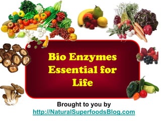 Bio Enzymes
    Essential for
        Life
         Brought to you by
http://NaturalSuperfoodsBlog.com
 