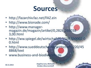 Sources
• http://fazarchiv.faz.net/FAZ.ein
• http://www.bionade.com/
• http://www.managermagazin.de/magazin/artikel/0,2828,2660383,00.html
• http://ww.spiegel.de/wirtschaft/0,1518,590002,0
0.html
• http://www.sueddeutsche.de/wirtschaft/220/45
8868/text
• www.business-and-biodiversity.de
02.11.2013

Angelina Lenz, Michaela
Strobel, Alisa Lennhoff

22

 