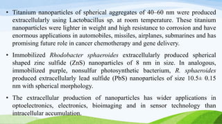• Titanium nanoparticles of spherical aggregates of 40–60 nm were produced
extracellularly using Lactobacillus sp. at room temperature. These titanium
nanoparticles were lighter in weight and high resistance to corrosion and have
enormous applications in automobiles, missiles, airplanes, submarines and has
promising future role in cancer chemotherapy and gene delivery.
• Immobilized Rhodobacter sphaeroides extracellularly produced spherical
shaped zinc sulfide (ZnS) nanoparticles of 8 nm in size. In analogous,
immobilized purple, nonsulfur photosynthetic bacterium, R. sphaeroides
produced extracellularly lead sulfide (PbS) nanoparticles of size 10.5± 0.15
nm with spherical morphology.
• The extracellular production of nanoparticles has wider applications in
optoelectronics, electronics, bioimaging and in sensor technology than
intracellular accumulation.
 