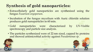 Synthesis of gold nanoparticles:
• Extracellularly gold nanoparticles are synthesised using the
fungus Fusarium oxysporum.
• Incubation of the fungus mycelium with Auric chloride solution
produces gold nanoparticles in 60 min.
• Gold nanoparticles were characterized by UV-Visible
spectroscopy and particle size analysis.
• The particles synthesized were of 22 nm sized, capped by proteins
and showed antimicrobial activity against Pseudomonas sp.
 