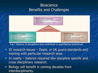 Bioscience Benefits and Challenges ID research issues – Depts. in UK guard standards and training with particular research area. In reality – balance required btw discipline specific and cross disciplinary research. Biology will benefit in coming decades from interdisciplinarity.  Fig.1 Mixture of disciplines that contribute to quantitative bioscience 