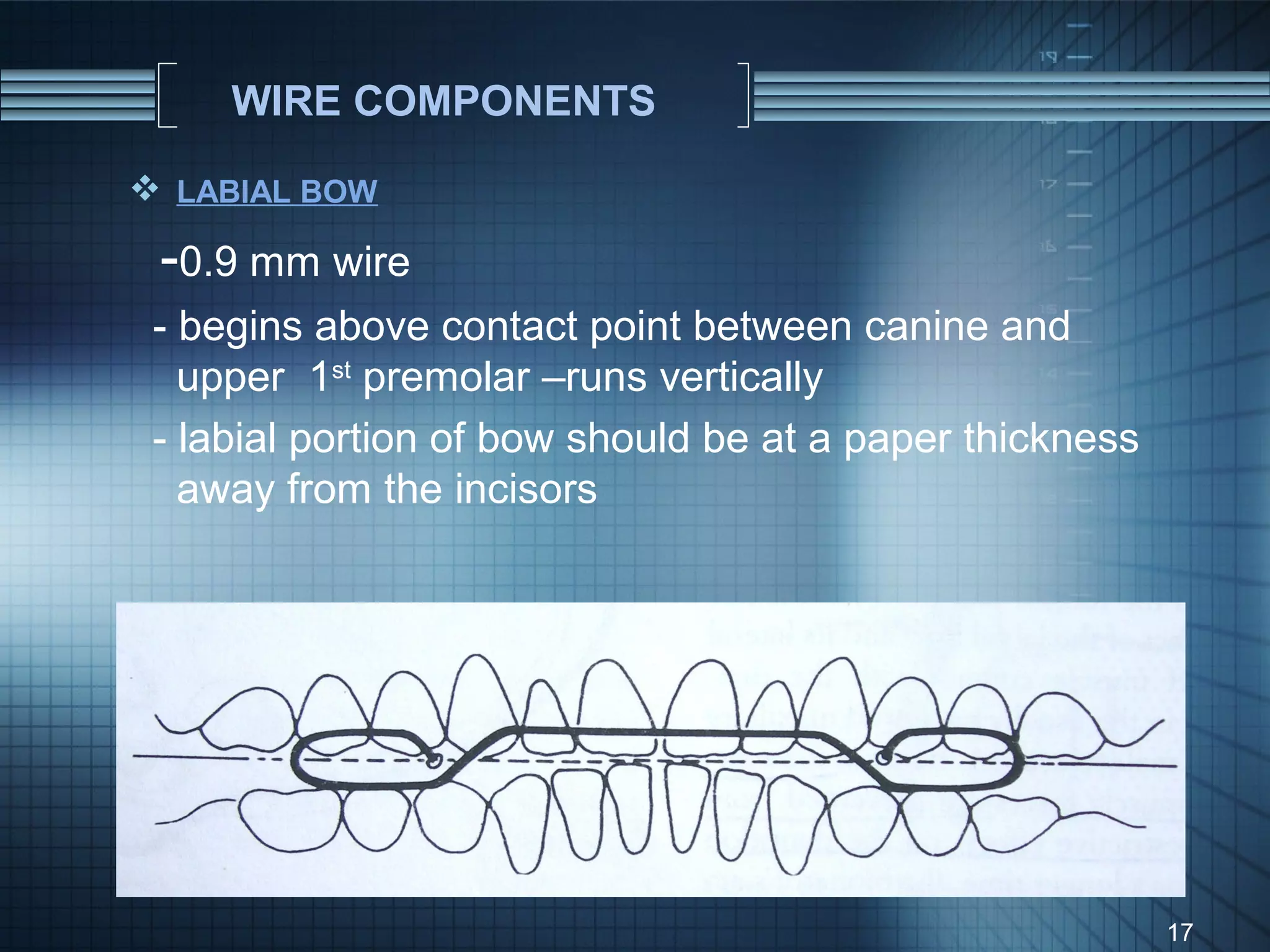WIRE COMPONENTS

 LABIAL BOW

 -0.9 mm wire
 - begins above contact point between canine and
   upper 1st premolar –runs vertically
 - labial portion of bow should be at a paper thickness
   away from the incisors




                                                          17
 