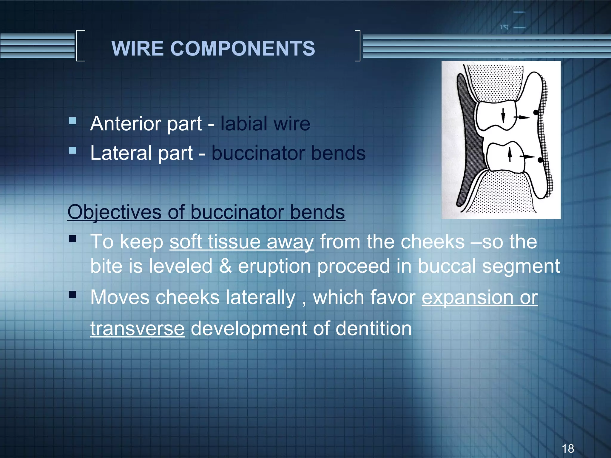 WIRE COMPONENTS


 Anterior part - labial wire
 Lateral part - buccinator bends

Objectives of buccinator bends
 To keep soft tissue away from the cheeks –so the
  bite is leveled & eruption proceed in buccal segment
 Moves cheeks laterally , which favor expansion or
  transverse development of dentition




                                                         18
 