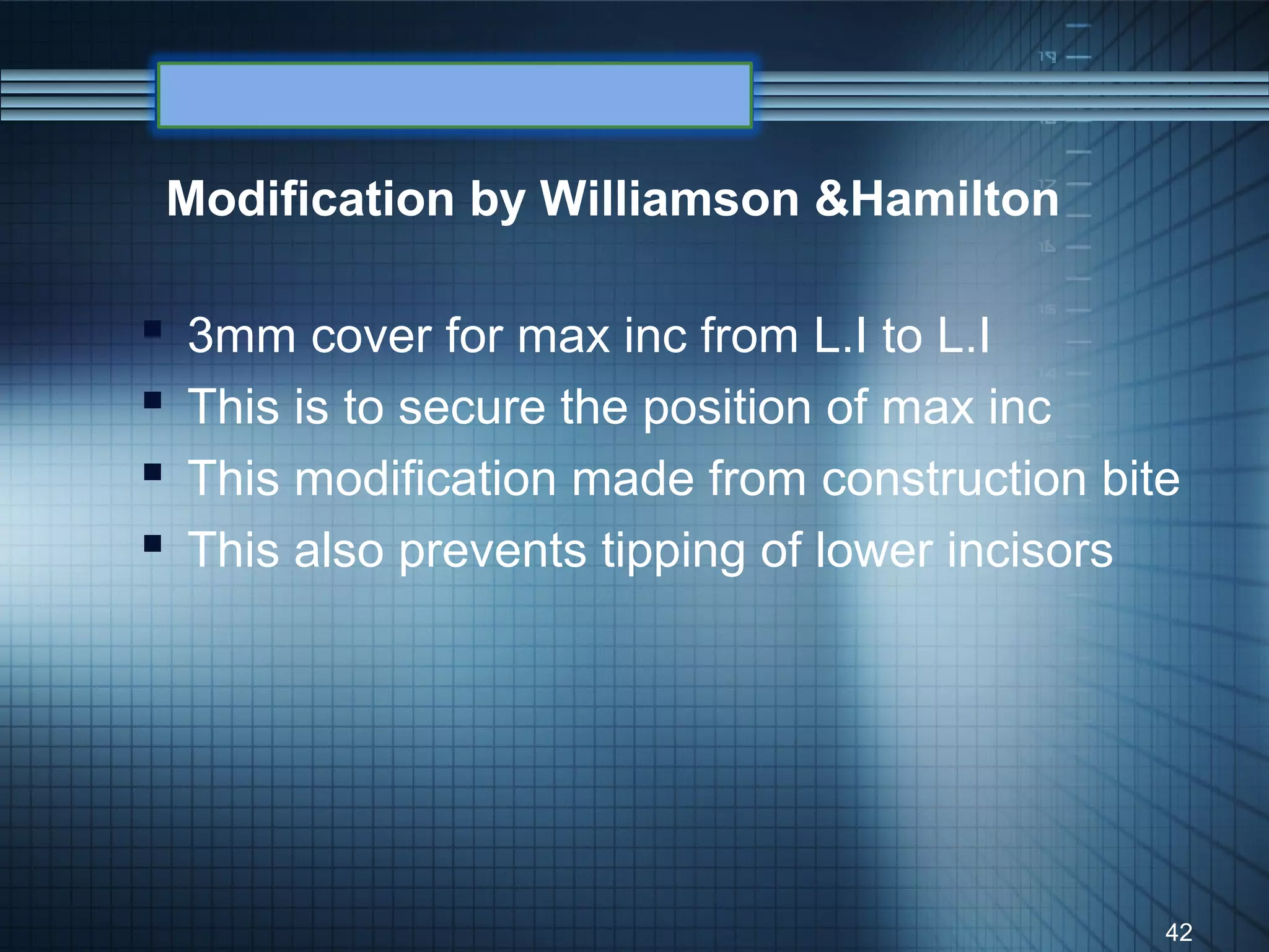 Modification by Williamson &Hamilton

   3mm cover for max inc from L.I to L.I
   This is to secure the position of max inc
   This modification made from construction bite
   This also prevents tipping of lower incisors




                                                42
 