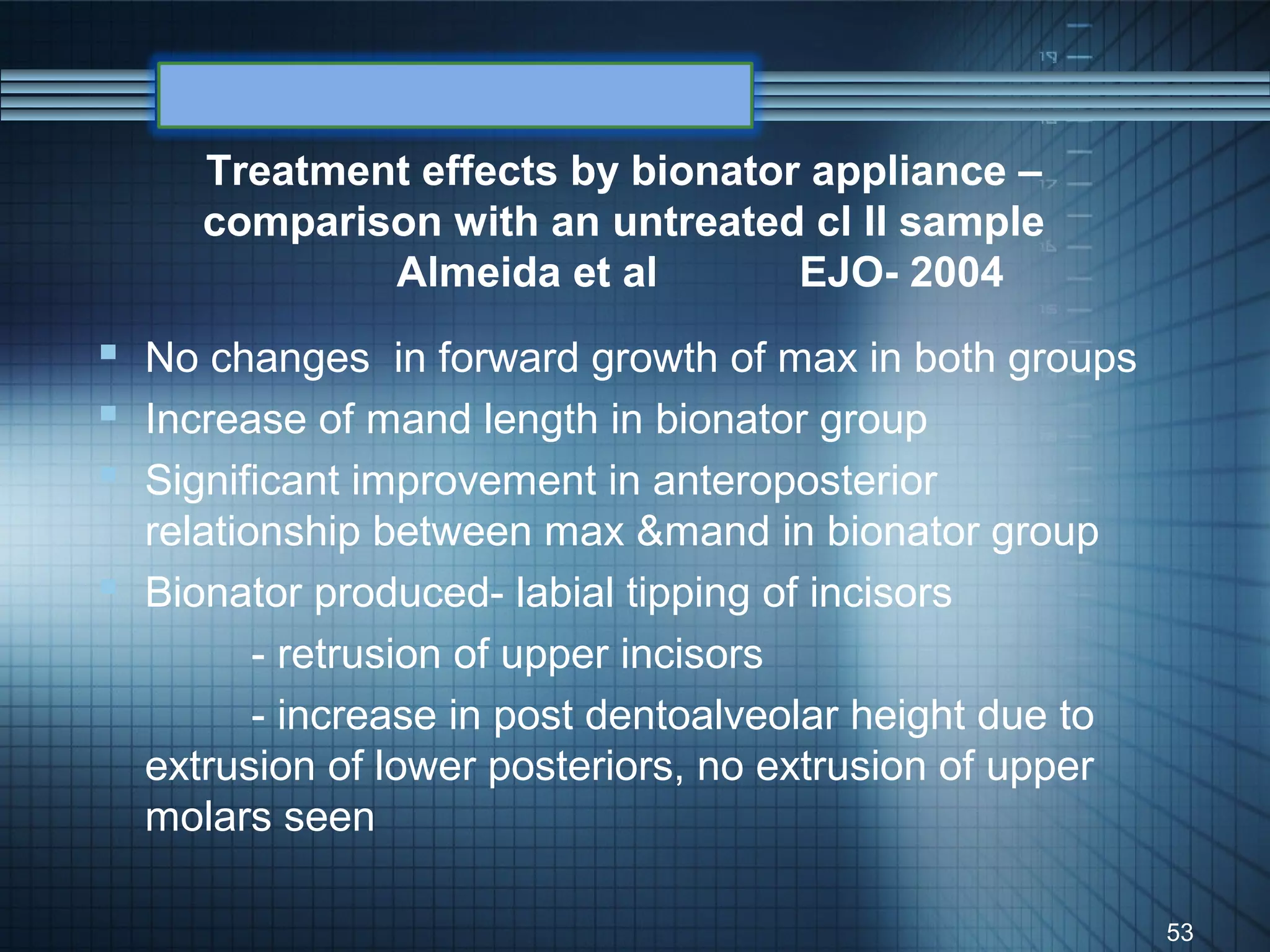 Treatment effects by bionator appliance –
     comparison with an untreated cl II sample
             Almeida et al        EJO- 2004
 No changes in forward growth of max in both groups
 Increase of mand length in bionator group
 Significant improvement in anteroposterior
  relationship between max &mand in bionator group
 Bionator produced- labial tipping of incisors
         - retrusion of upper incisors
         - increase in post dentoalveolar height due to
  extrusion of lower posteriors, no extrusion of upper
  molars seen

                                                          53
 