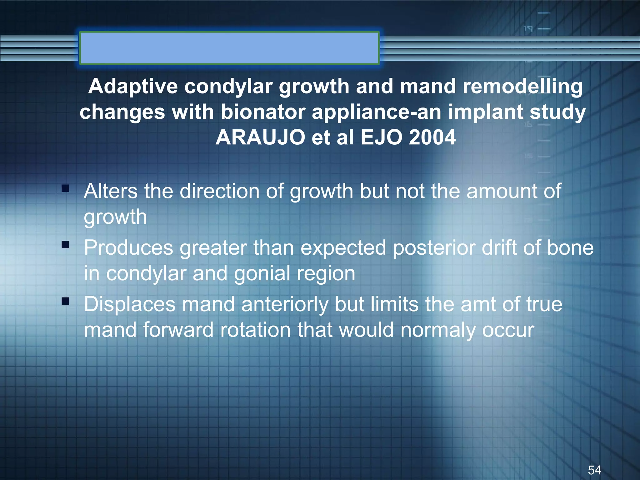 Adaptive condylar growth and mand remodelling
  changes with bionator appliance-an implant study
               ARAUJO et al EJO 2004

 Alters the direction of growth but not the amount of
  growth
 Produces greater than expected posterior drift of bone
  in condylar and gonial region
 Displaces mand anteriorly but limits the amt of true
  mand forward rotation that would normaly occur




                                                         54
 