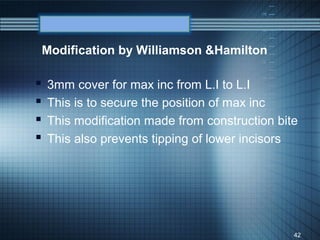 Modification by Williamson &Hamilton

   3mm cover for max inc from L.I to L.I
   This is to secure the position of max inc
   This modification made from construction bite
   This also prevents tipping of lower incisors




                                                42
 