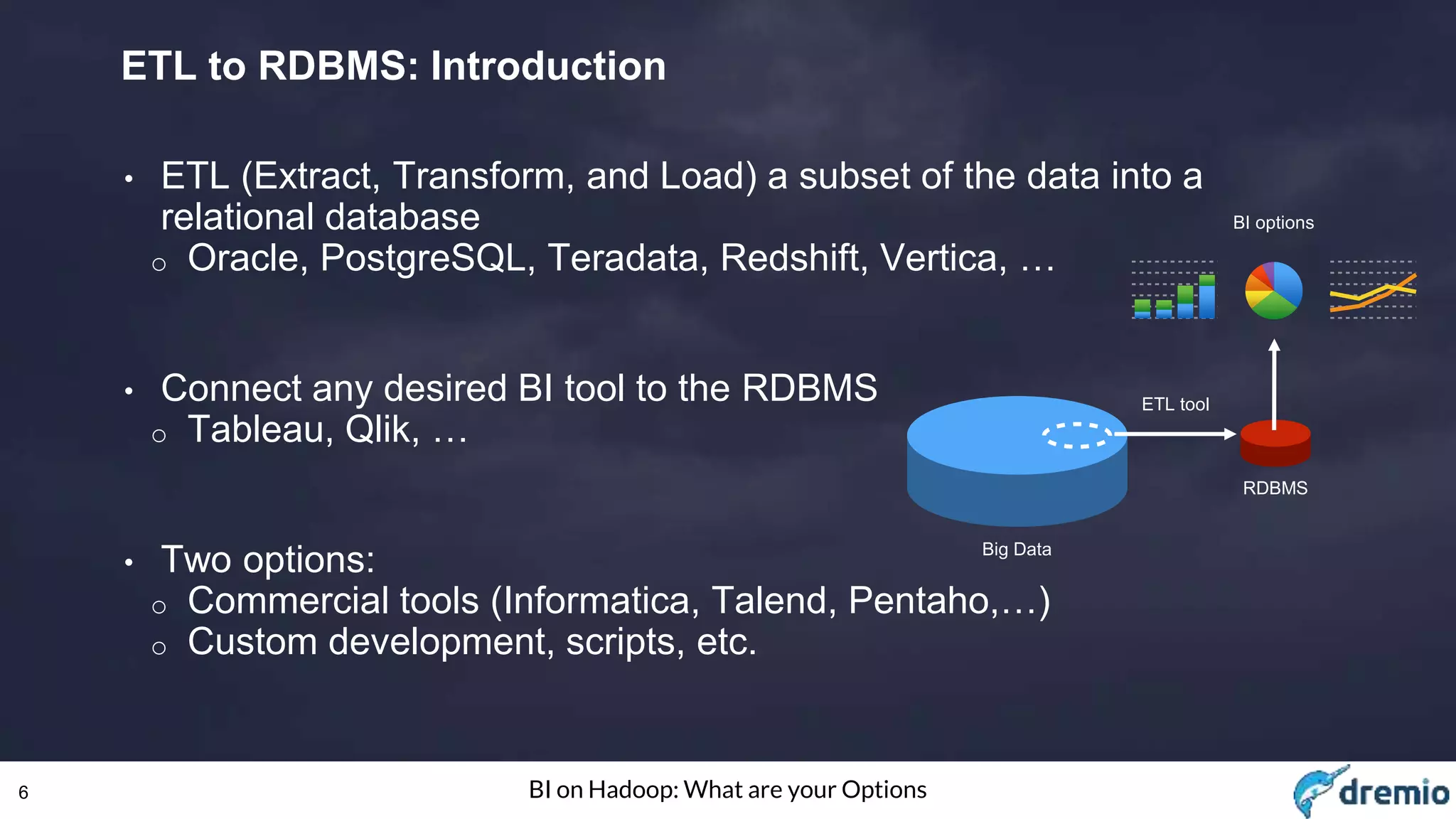6 BI on Hadoop: What are your Options
ETL to RDBMS: Introduction
• ETL (Extract, Transform, and Load) a subset of the data into a
relational database
o Oracle, PostgreSQL, Teradata, Redshift, Vertica, …
• Connect any desired BI tool to the RDBMS
o Tableau, Qlik, …
• Two options:
o Commercial tools (Informatica, Talend, Pentaho,…)
o Custom development, scripts, etc.
Big Data
RDBMS
BI options
ETL tool
 