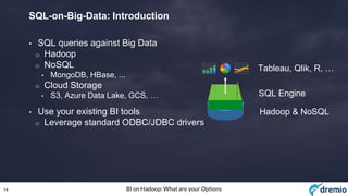14 BI on Hadoop: What are your Options
SQL-on-Big-Data: Introduction
• SQL queries against Big Data
o Hadoop
o NoSQL
• MongoDB, HBase, ...
o Cloud Storage
• S3, Azure Data Lake, GCS, …
• Use your existing BI tools
o Leverage standard ODBC/JDBC drivers
Tableau, Qlik, R, …
SQL Engine
Hadoop & NoSQL
 