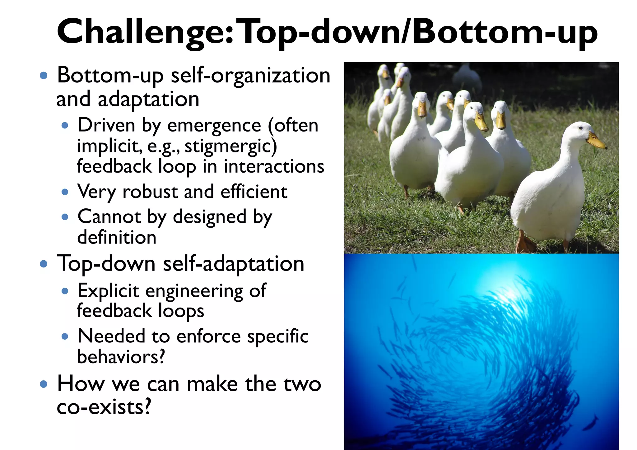 Challenge:Top-down/Bottom-up
!  Bottom-upself-organization
 and adaptation
  !  Driven by emergence (often
     implicit, e.g., stigmergic)
     feedback loop in interactions
  !  Very robust and efficient
  !  Cannot by designed by
     definition
!  Top-down   self-adaptation
  !  Explicit engineering of
     feedback loops
  !  Needed to enforce specific
     behaviors?
!  Howwe can make the two
 co-exists?
 