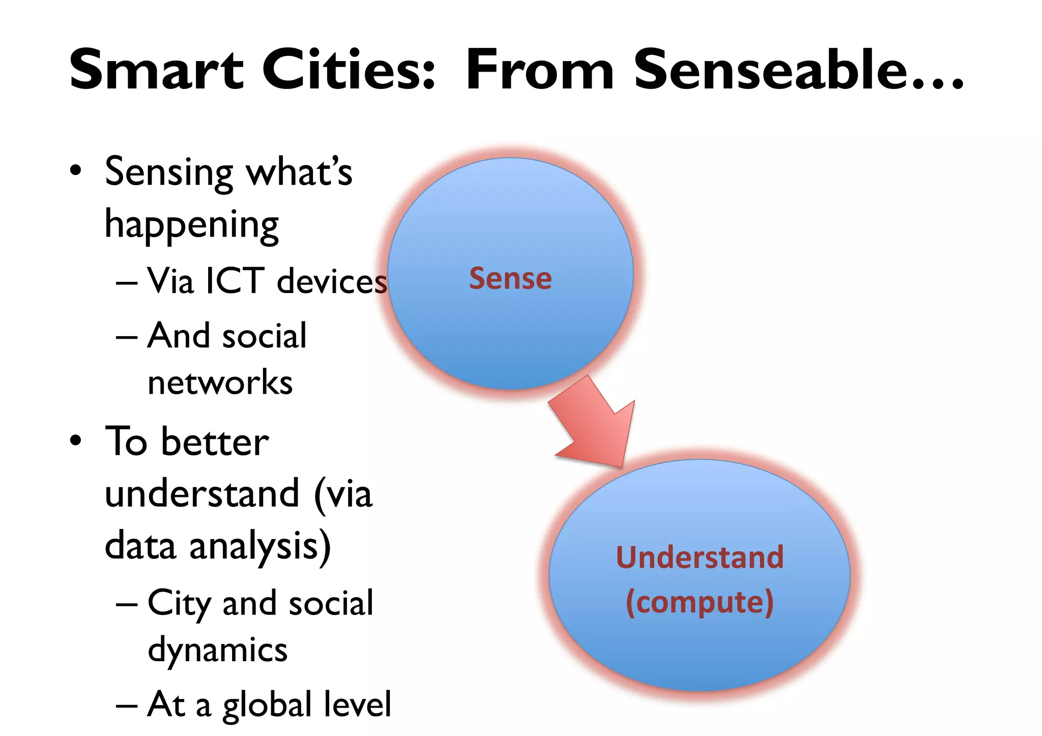 Smart Cities: From Senseable…
•  Sensing what’s
   happening
  –  Via ICT devices     Sense%
  –  And social
     networks
•  To better
   understand (via
   data analysis)                 Understand %
  –  City and social              (compute)%
     dynamics
  –  At a global level
 