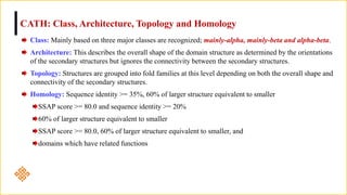 CATH: Class, Architecture, Topology and Homology
Class: Mainly based on three major classes are recognized; mainly-alpha, mainly-beta and alpha-beta.
Architecture: This describes the overall shape of the domain structure as determined by the orientations
of the secondary structures but ignores the connectivity between the secondary structures.
Topology: Structures are grouped into fold families at this level depending on both the overall shape and
connectivity of the secondary structures.
Homology: Sequence identity >= 35%, 60% of larger structure equivalent to smaller
SSAP score >= 80.0 and sequence identity >= 20%
60% of larger structure equivalent to smaller
SSAP score >= 80.0, 60% of larger structure equivalent to smaller, and
domains which have related functions
 