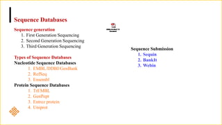 Sequence Databases
Sequence generation
1. First Generation Sequencing
2. Second Generation Sequencing
3. Third Generation Sequencing
Types of Sequence Databases
Nucleotide Sequence Databases
1. EMBL/DDBJ/GenBank
2. RefSeq
3. Ensembl
Protein Sequence Databases
1. TrEMBL
2. GenPept
3. Entrez protein
4. Uniprot
Sequence Submission
1. Sequin
2. BankIt
3. Webin
 