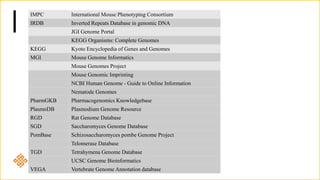 IMPC International Mouse Phenotyping Consortium
IRDB Inverted Repeats Database in genomic DNA
JGI Genome Portal
KEGG Organisms: Complete Genomes
KEGG Kyoto Encyclopedia of Genes and Genomes
MGI Mouse Genome Informatics
Mouse Genomes Project
Mouse Genomic Imprinting
NCBI Human Genome - Guide to Online Information
Nematode Genomes
PharmGKB Pharmacogenomics Knowledgebase
PlasmoDB Plasmodium Genome Resource
RGD Rat Genome Database
SGD Saccharomyces Genome Database
PomBase Schizosaccharomyces pombe Genome Project
Telomerase Database
TGD Tetrahymena Genome Database
UCSC Genome Bioinformatics
VEGA Vertebrate Genome Annotation database
 