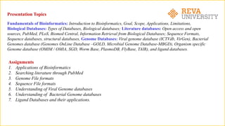 Presentation Topics
Fundamentals of Bioinformatics: Introduction to Bioinformatics, Goal, Scope, Applications, Limitations,
Biological Databases: Types of Databases, Biological databases; Literature databases: Open access and open
sources, PubMed, PLoS, Biomed Central, Information Retrieval from Biological Databases; Sequence Formats,
Sequence databases, structural databases, Genome Databases: Viral genome database (ICTVdb, VirGen), Bacterial
Genomes database (Genomes OnLine Database –GOLD, Microbial Genome Database-MBGD), Organism specific
Genome database (OMIM / OMIA, SGD, Worm Base, PlasmoDB, FlyBase, TAIR), and ligand databases.
Assignments
1. Applications of Bioinformatics
2. Searching literature through PubMed
3. Genome File formats
4. Sequence File formats
5. Understanding of Viral Genome databases
6. Understanding of Bacterial Genome databases
7. Ligand Databases and their applications.
 