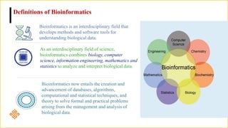 Bioinformatics is an interdisciplinary field that
develops methods and software tools for
understanding biological data.
As an interdisciplinary field of science,
bioinformatics combines biology, computer
science, information engineering, mathematics and
statistics to analyze and interpret biological data.
Bioinformatics now entails the creation and
advancement of databases, algorithms,
computational and statistical techniques, and
theory to solve formal and practical problems
arising from the management and analysis of
biological data.
Definitions of Bioinformatics
 