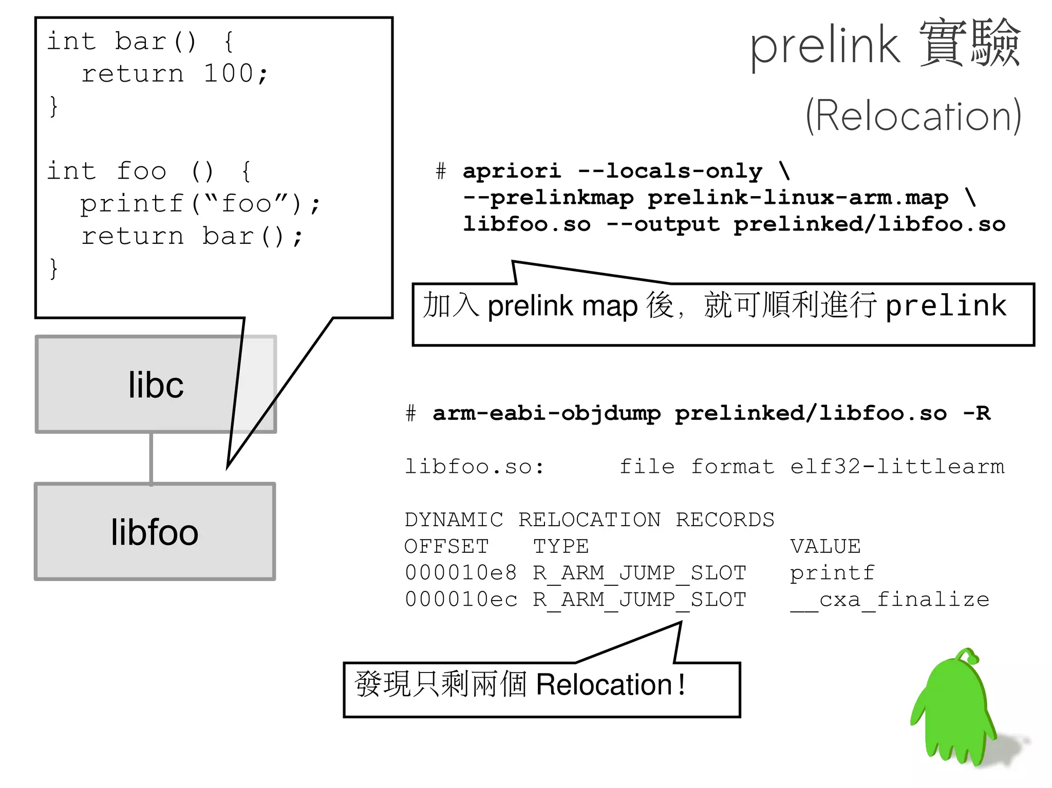 No prelink in ICS
      硬體進步跟 Zygote 機制 , Prelink 加速跟沒有一樣

      只省一丁點空間 , 現在記憶體大又便宜

      Prelink 後 Address-Space-Layout
        Randomization 效果會變弱

      不是 GNU toolchain 的東西 ,
       要維護很麻煩
                                      官方說法 ( 白話版 )
Git log from
https://github.com/android/platform_build/commit/b375e71d306f2fd356b9b356b636e568c4581fa1
 