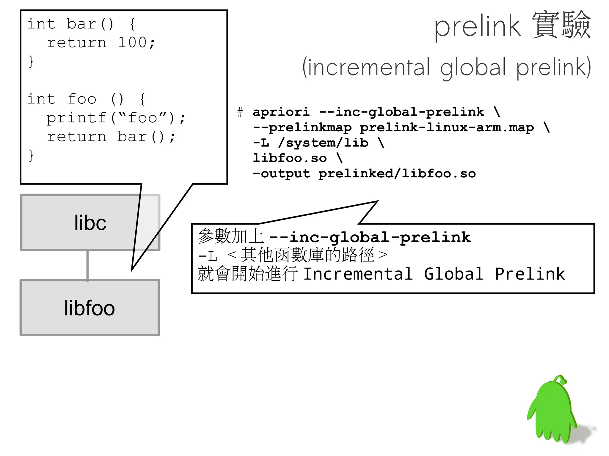 程式啟動流程
               Prelink 就是把這邊要找的東西統統都先作掉
                           一勞永逸

執行檔讀入記憶體

                     libc/libm/
                     libdvm...    在更新符號的時候需要大量的符號查找操
載入相關動態函式庫




 更新符號位址
(Relocation)
                printf, sin, cos, ...



  開始執行 !
 