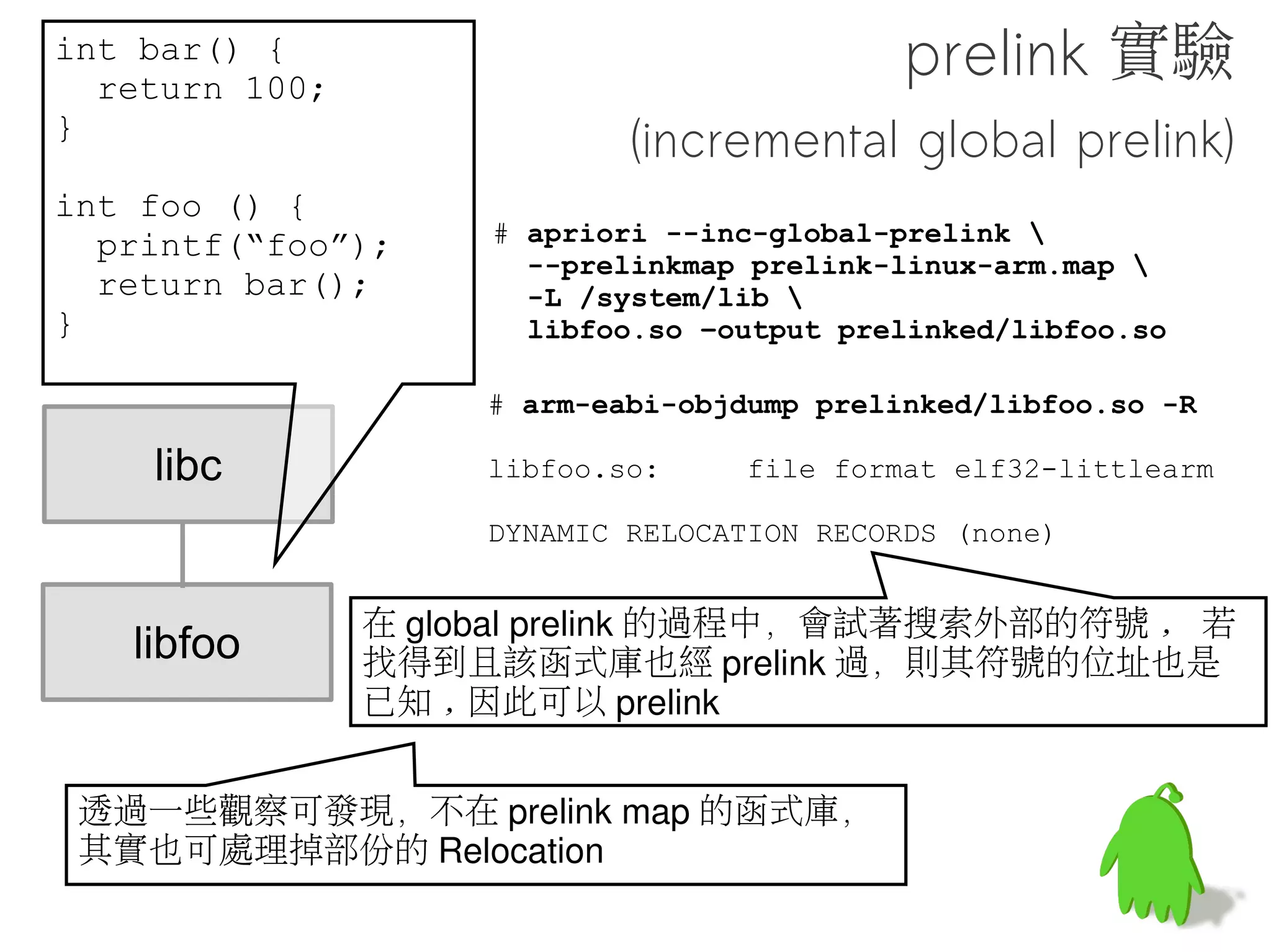 int bar() {
  return 100;
}                                          做個實驗
int foo () {
                    # arm-eabi-objdump libfoo.so -R
  printf(“foo”);
  return bar();     libfoo.so:    file format elf32-
}                   littlearm

                    DYNAMIC RELOCATION RECORDS
                    OFFSET   TYPE                VALUE
                    000010e8 R_ARM_JUMP_SLOT     printf
    libc            000010ec R_ARM_JUMP_SLOT     __cxa_finalize
                    00000424 R_ARM_RELATIVE      *ABS*
                    0000100c R_ARM_RELATIVE      *ABS*


   libfoo
    objdump -R 可檢視 Relocation Record, libfoo.so 共有四個 R
 