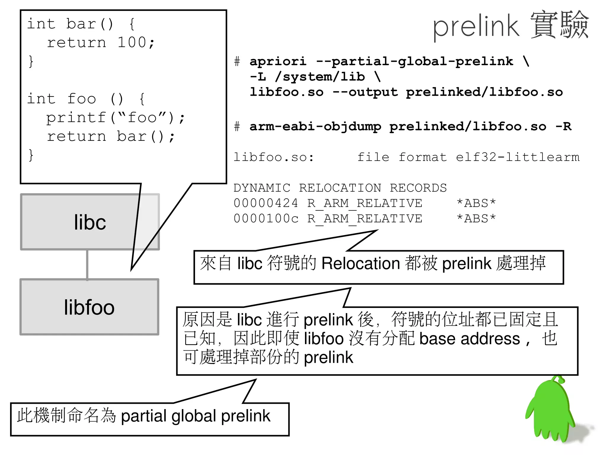 int bar() {
  return 100;
}                                               做個實驗
int foo () {
                       # apriori --locals-only 
  printf(“foo”);       --prelinkmap prelink-linux-arm.map 
  return bar();        libfoo.so --output prelinked/libfoo.so
}



    libc


                   接著對 libfoo.so 進行 prelink
   libfoo          apriori 在 out/host/linux-x86/bin/
                   prelink map 在 build/core
                   --locals-only(-l) 指定進行 local prelink
 