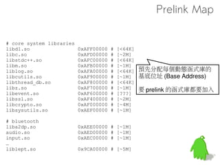 No prelink in ICS




      Android 太貪吃
     所以 prelink map 掉
            了
 