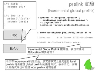 int bar() {
  return 100;
}                                  做個實驗
int foo () {
  printf(“foo”);
  return bar();
}



    libc


   libfoo


            本實驗中假設已經有一個建好的且 prelink 過後的 libc.so
 